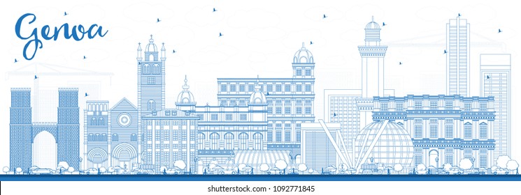 Outline Genoa Italy City Skyline with Blue Buildings. Vector Illustration. Business Travel and Tourism Concept with Modern Architecture. Genoa Cityscape with Landmarks.