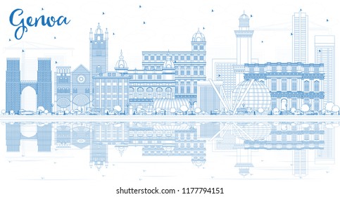 Outline Genoa Italy City Skyline with Blue Buildings and Reflections. Vector Illustration. Business Travel and Tourism Concept with Modern Architecture. Genoa Cityscape with Landmarks.