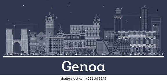 Outline Genoa Italy City Skyline with White Buildings. Vector Illustration. Business Travel and Tourism Concept with Modern Architecture. Genoa Cityscape with Landmarks.