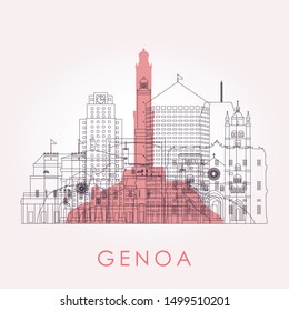 Outline Genoa skyline with landmarks. Vector illustration. Business travel and tourism concept with historic buildings. Image for presentation, banner, placard and web site.