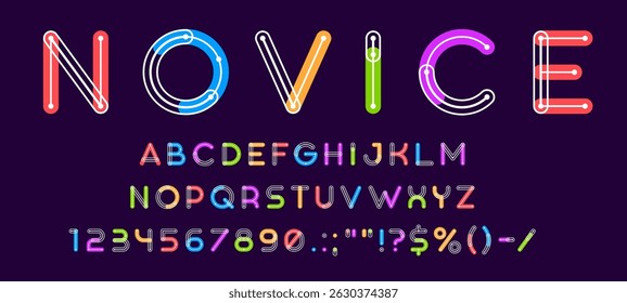 Fonte geométrica do contorno, letras de fonte estilizadas mínimas, tipo de cor moderno, alfabeto abc criativo. Fonte gráfica de linha vetorial conjunto de tipografias de caracteres abc em inglês. Tipo geométrico de contorno de tecnologia digital