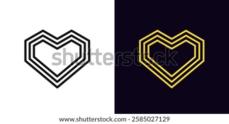 Outline geometric heart icon, with editable stroke. Angular heart with concentric outline silhouette. Digital love, romantic symbol, retro heart sign, geometric angular shape, amour. Vector icon