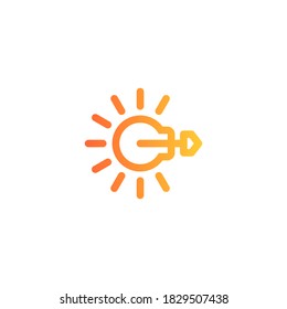 outline geometric logo of a light bulb with an outward arrow