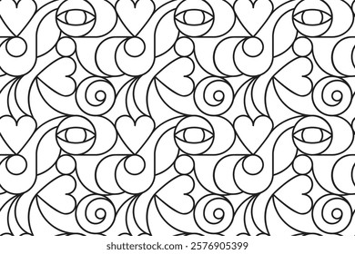 Outline Geometric seamless pattern with hearts and eye. Black white abstract background or texture for printing on fabric and paper. Coloring page antistress.  Vector graphic design for textile.