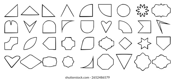 Outline Geometric Shape Collection. Abstract Frame and Badge Icons Set for Design and Decoration. Vector illustration isolated on clear background.