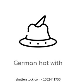 outline german hat with small feather vector icon. isolated black simple line element illustration from fashion concept. editable vector stroke german hat with small feather icon on white background