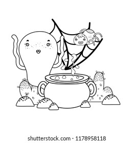outline ghost with spider character and pot cauldron
