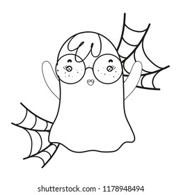 outline ghost wearing glasses with spiderweb style