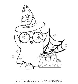 outline ghost wearing glasses with witch hat