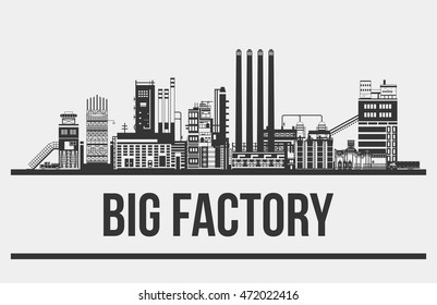 Outline of giant manufacturer or plant, factory or assembling line with conveyors and balloons, trucks and chimneys, towers. Silhouette of buildings facade. Good for industrial production theme