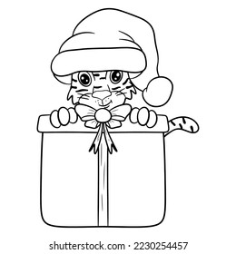 Outline gift box with bow and christmas tiger. Vector illustration