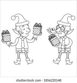 Outline gift box christmass character elf quality check process retro lineart design vector illustration