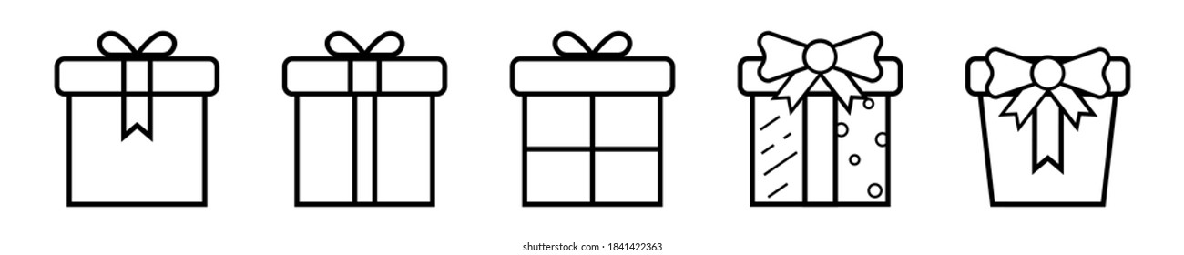 Colección de cuadros de regalo de esquema. Caja presente transparente aislada con cinta. Pictograma de cartón de Navidad. Símbolo de saludo cuadrado. Ilustración vectorial. EPS 10