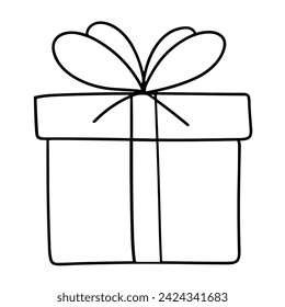 Outline Gift box in doodle style isolated on white background. Hand drawn vector art