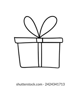 Caja de regalo de contorno en estilo doodle aislado sobre fondo blanco. Dibujado a mano vector arte