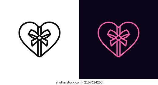 Outline gift box icon, with editable stroke. Heart shaped present with bow knot, romantic surprise pictogram. Love gift box, magic present, candy box, congratulation. Vector icon for UI and Animation