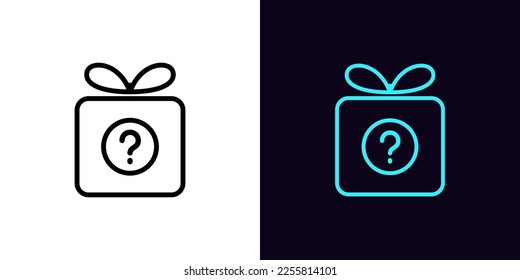 Outline gift box icon, with editable stroke. Gift box frame with question sign, secret present pictogram. Unknown surprise, puzzle gift, mystery present, bonus prize and giveaway. Vector icon