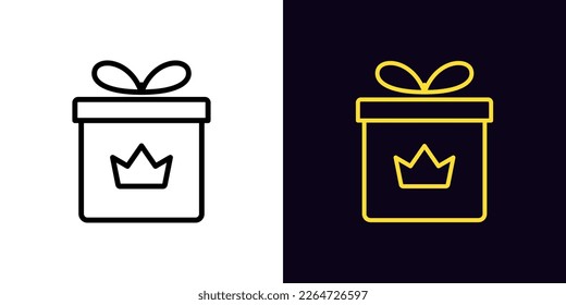 Outline gift box icon, with editable stroke. Gift box frame with crown sign, royal present pictogram. Premium gift, luxury present, royal prize and giveaway, best surprise. Vector icon for Animation