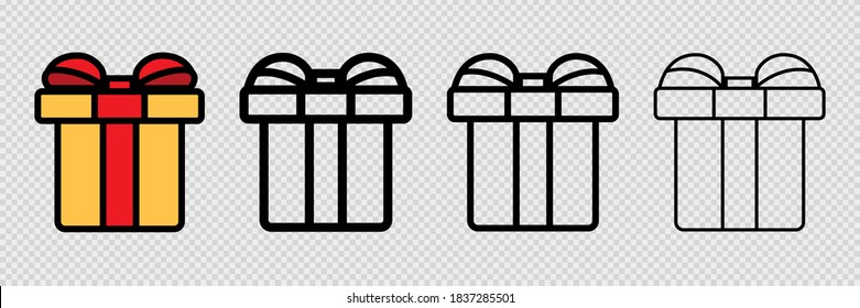 Outline gift box on transparent background. Isolated yellow cartoon present box with red ribbon. Filled and linear Christmas cardboard. Set of gift container. Surprise box for present. Vector EPS 10