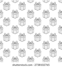 Outline gift boxes forming a cheerful seamless pattern, representing celebration and special occasions
