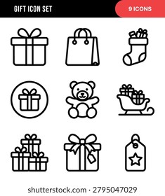 Outline Gift Icon Set Collection with Present Bag Sled Stocking Tag