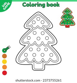 Outline gingerbread christmas tree. Page of coloring book for kids with cartoon Christmas sweets. Color contour new year cookies. Activity book for children. Vector illustration classic Xmas biscuit.