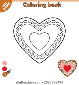 Outline gingerbread heart. Page of kids coloring book with cartoon Christmas biscuit. Color contour New Year cookies. Activity book for preschool children. Vector illustration of classic Xmas sweets.