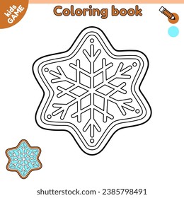 Outline gingerbread snowflake. Page of kids coloring book with cartoon Christmas biscuit. Color contour New Year cookies. Activity book for children. Vector illustration of the classic Xmas sweets.