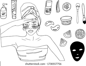 Outline girl in a bathrobe and cosmetology mask. Hand drawn doodle set of woman caring for herself and with cosmetic containers, facial masks. Beauty saloon. Line art. Isolated on white backgrond.