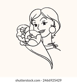 Outline Girl with bouquet of flower. Line art hand drawn style vector woman character illustration