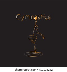 Outline of a girl is a gymnast with a ball. Emblem, a sign in a linear style. The background is black. Banner of gymnastics. gymnast woman. Vector images for sports, dance, fitness studios.