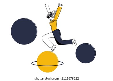 Outline girl jumping to planet in meta universe. Woman in virtual glasses in metaverse. Simple vector illustration