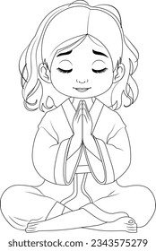 Outline of a girl sitting in meditation, depicted in vector cartoon illustration style