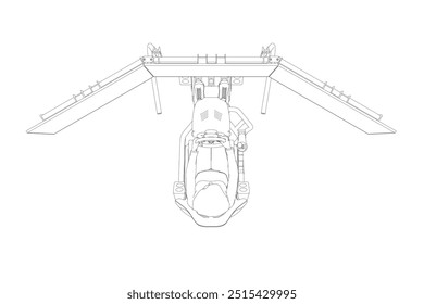 Contorno de uma menina sentada em um simulador de jogo realista com um volante, pedais e três monitores feitos de linhas pretas isoladas em um fundo branco. Vista superior. Ilustração vetorial.