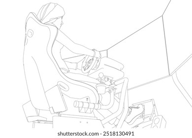 Contorno de uma menina sentada em um simulador de jogo realista com um volante, pedais e três monitores feitos de linhas pretas isoladas em um fundo branco. Vista lateral. Ilustração vetorial.