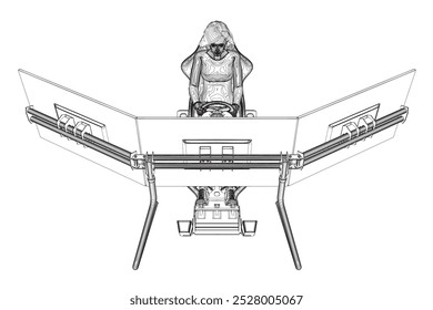 Contorno de uma menina sentada em um simulador de jogo realista com um volante, pedais e três monitores feitos de linhas pretas isoladas em um fundo branco. Vista frontal. Ilustração vetorial.