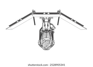 Outline of a girl sitting at a realistic gaming simulator with a steering wheel, pedals and three monitors made of black lines isolated on a white background. Top view. Vector illustration.