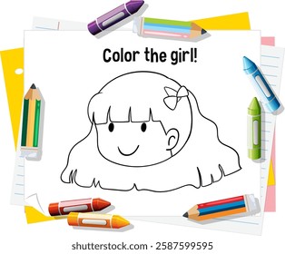 Outline of a girl surrounded by colorful crayons