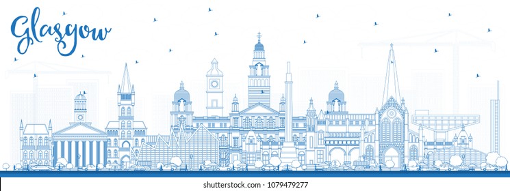 Esquema del Skyline de Glasgow en Escocia con Edificios Azules. Ilustración vectorial. Concepto de viajes de negocios y turismo con arquitectura histórica. Paisaje en la ciudad de Glasgow con monumentos.