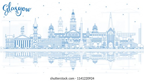 Outline Glasgow Scotland City Skyline with Blue Buildings and Reflections. Vector Illustration. Business Travel and Tourism Concept with Historic Architecture. Glasgow Cityscape with Landmarks.