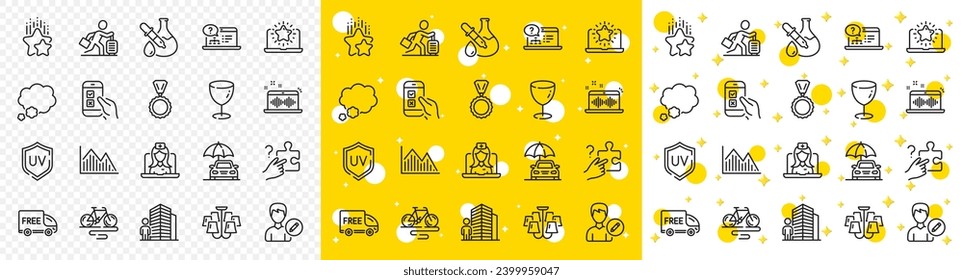 Outline Glass, Free delivery and Investment graph line icons pack for web with Talk bubble, Ranking stars, Medal line icon. Mobile survey, Search puzzle, Music making pictogram icon. Vector