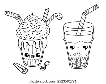 Outline glass milk shake with cream dessert, striped candies and bubble tea with straw. Isolated funny cartoon kawaii character drink. Line drawing, coloring book. Vector illustration. Kids collection