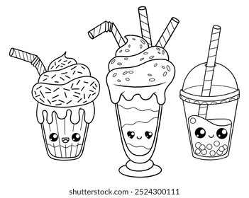 Outline glass milk shake with cream dessert, candies and bubble tea with straw set. Isolated funny cartoon kawaii character drink. Line drawing, coloring book. Vector illustration. Kids collection.