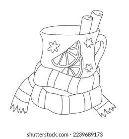 Outline of glass mug in a striped scarf with mulled wine, oranges and cinnamon. Vector illustration on a white background