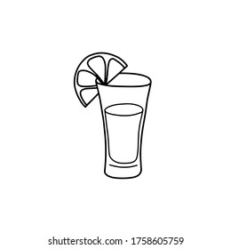 Outline Glass of tequila with lemon, doodle, black and white illustration. Vector Stock illustration.