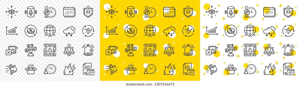 Outline Global business, Reminder and Delivery man line icons pack for web with Time management, Inventory cart, Maze attention line icon. Parcel delivery, Wind energy. Vector