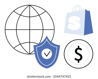 Outline of a globe, blue shopping bag with S, currency symbol inside a circle, and blue shield with check mark. Ideal for e-commerce, cybersecurity, global trade, online transactions, consumer