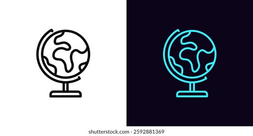 Outline globe icon, with editable stroke. Earth globe icon, international world map. Abstract planet on stand, school globus, geographical expedition, worldwide travel, global geography. Vector icon