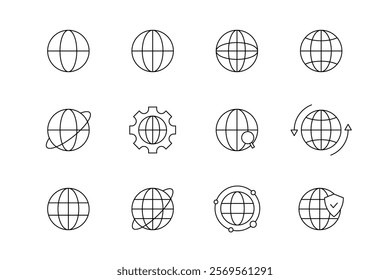 Outline globe icon set. Web globe sphere vector. Line Earth map