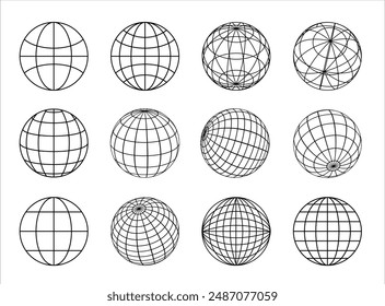 The Outline Globe Sphere Set features minimalistic, outlined globe illustrations ideal for various digital design projects